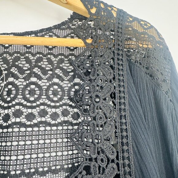 🔥SOLD🔥Moral Fiber Black Lace Scalloped Hem Open Front Flare Sleeve Cardigan  L - Picture 7 of 10